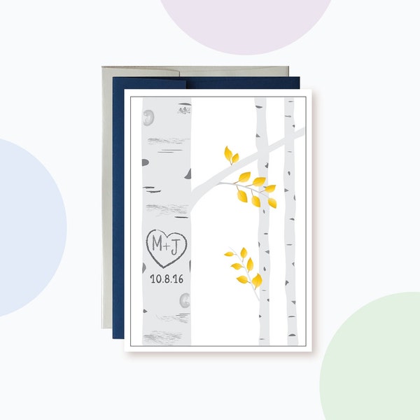 Initials and Heart on Tree Anniversary Card, Personalize Anniversary Year or date , 1 year | First | 5 year | Fifth Anniversary | Birch Tree
