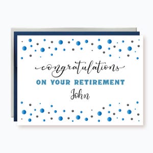 Personalized Retirement Card, Congratulations on your retirement, Simple Retirement Card, Blue and Black Confetti Retirement Card