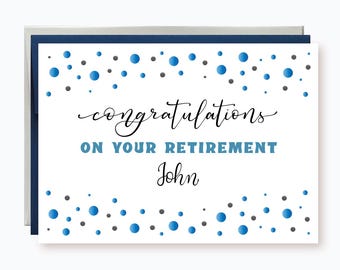 Personalized Retirement Card, Congratulations on your retirement, Simple Retirement Card, Blue and Black Confetti Retirement Card