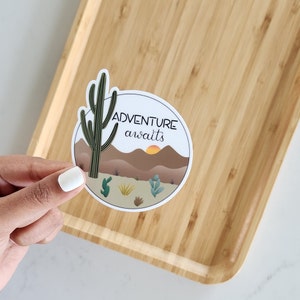 Adventure Awaits Waterproof sticker, 2.7x3 inch, Arizona, California, outdoorsy Cactus and mountains