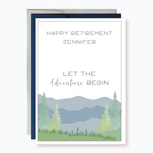 Custom Name Retirement Card, Personalized Mountain and Trees Landscape Happy Retirement Card,  Let the adventure begin