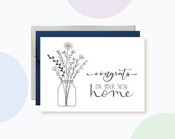 Housewarming Card, Congratulations on your New Home,  Mason Jar with Flowers, New House Card, Simple Black and White Floral Card