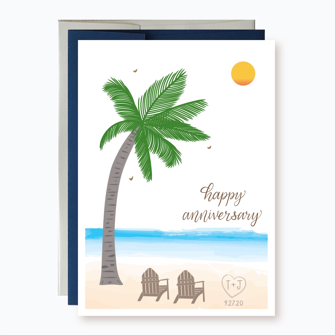 Initials and Heart on Beach Tropical Anniversary Card, Personalize Date ...