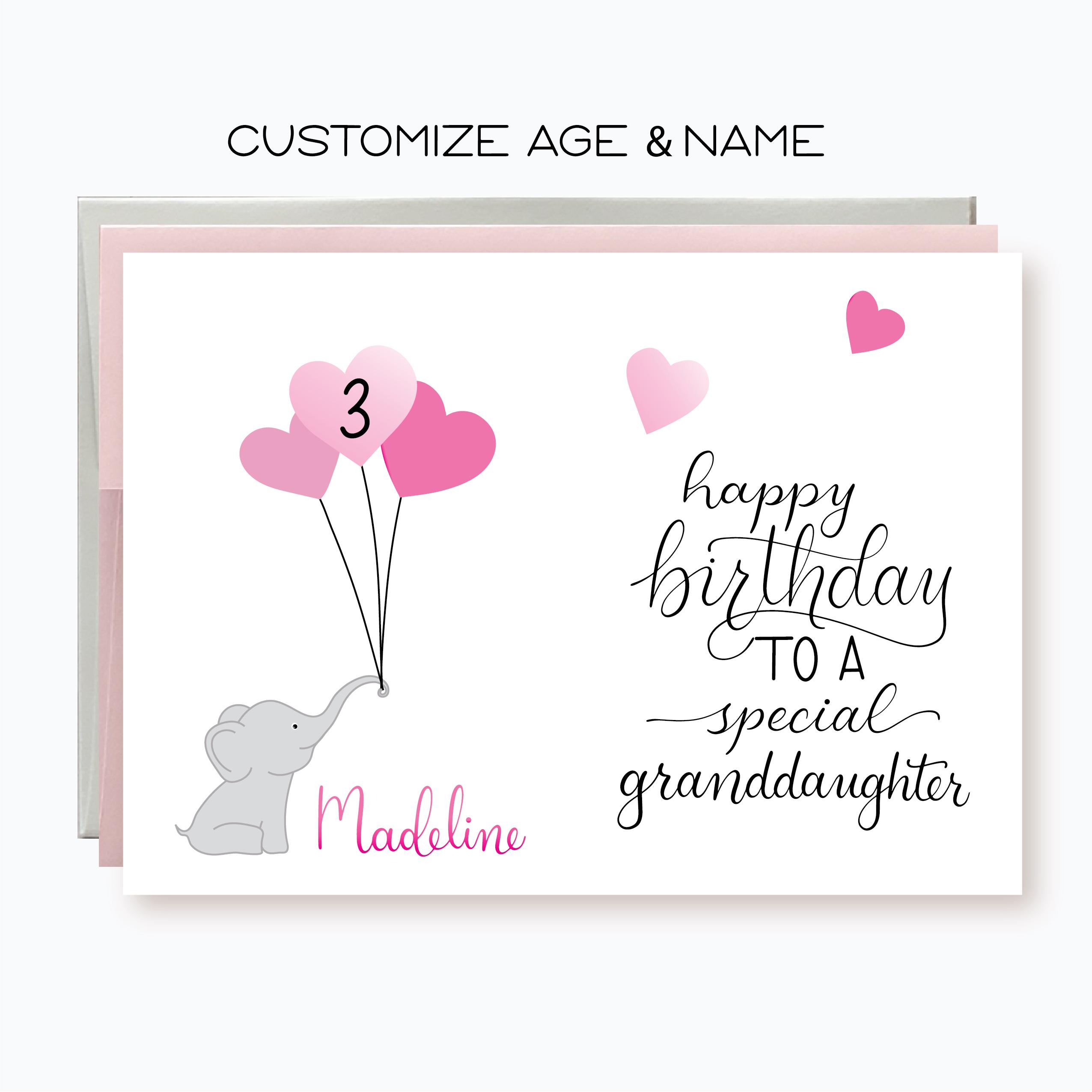 Personalize age and name, Pink balloons and elephant kids birthday card for Granddaughter, First Birthday Card, 1st, 2nd, 3rd, 4th, 5th, 6th
