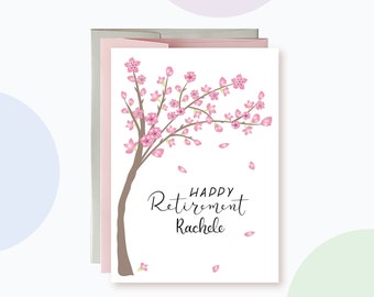 Personalized Cherry Blossom Retirement Card, Custom Floral Happy Retirement Card for Coworker, Floral Tree and Outdoorsy