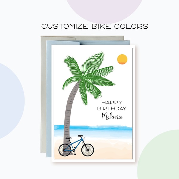 Custom Bike with Beach and Palm Tree Birthday Card, Tropial Birthday Card, Personalize Bike color and Name, Nature and Outdoorsy Card