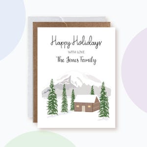 Custom Winter Cabin Set of 8 A2 cards, Personalized Seasonal Greetings, Corporate Holiday Christmas Card