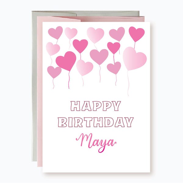 Tarjeta de cumpleaños con globos personalizados para niñas, tarjeta de cumpleaños para niños, tarjeta de cumpleaños con forma de corazón para nieta, tarjeta de cumpleaños de amor para ella, sobrina