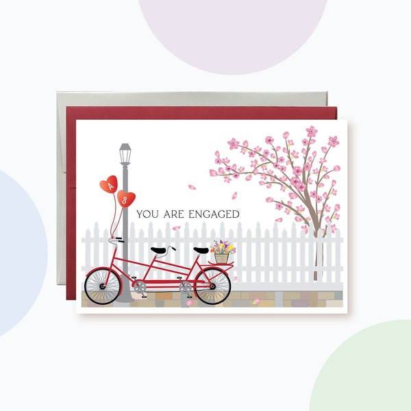 Personalized Engagement Card | Cherry Blossom Spring Engagement Card | Colorful flowers Engagement Wishes Card | You are engaged bike Card