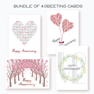 Happy Anniversary Card Bundle , 4 Greeting cards, Set of 4, Variety Anniversary Card Pack, Floral and Love Anniversary Card set