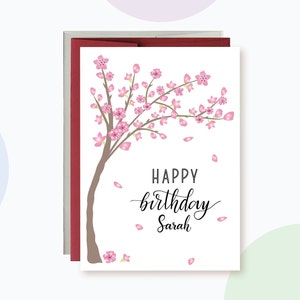 Personalized Cherry Blossom Happy Birthday card for Her, Spring and summer Birthday Card for wife, Floral Birthday Card For Mom