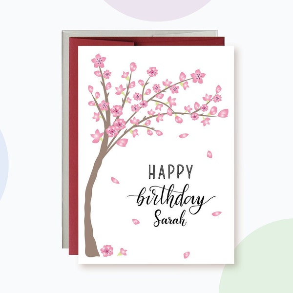Personalized Cherry Blossom Happy Birthday card for Her, Spring and summer Birthday Card for wife, Floral Birthday Card For Mom
