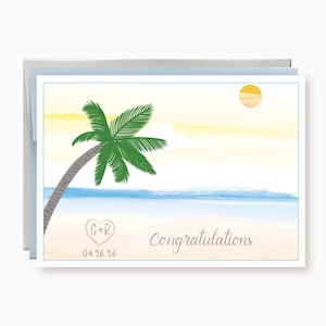 Personalized Wedding Wishes Palm Tree and Beach Card, Wedding Congratulations Card, Custom Initials and Date, Tropical Wedding Card