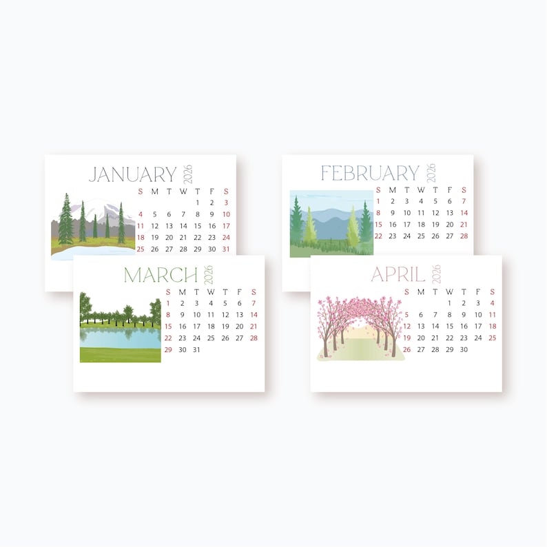 2026 - 2027 Mini Desk Calendar: Outdoorsy Nature Landscapes, Refill Cards, 3.5 x 2.5 inch image 2