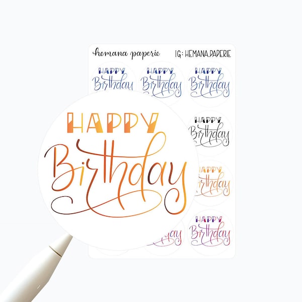 24 Simple Happy Birthday stickers | Elegant Calligraphy Envelope Seals | Gift sticker sheet