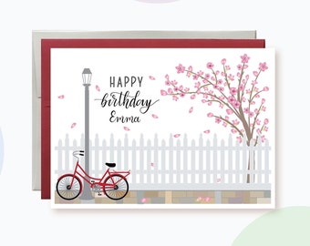 Custom Bike Cherry Blossom Happy Birthday card | Bike Birthday Card for granddaughter | Cherry Blossom Tree Happy Birthday Card for Mom