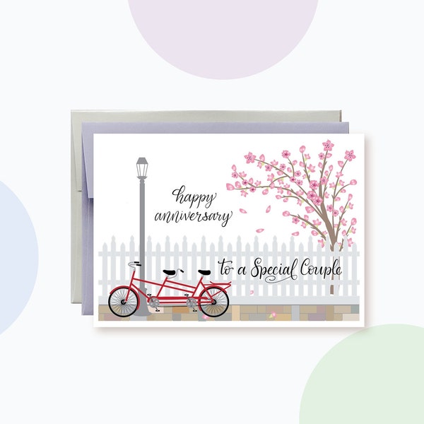 Colorful Flowers Anniversary Card, Tandem Bike Anniversary card for friends, Cherry Blossom and Fence Spring card for a special couple