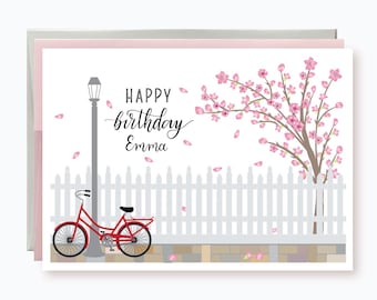 Custom Bike Cherry Blossom Happy Birthday card | Bike Birthday Card for granddaughter | Cherry Blossom Tree Happy Birthday Card for Mom