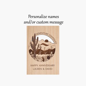 Personalized Wooden Anniversary Card, Laser cut wooden happy anniversary card, Engraved wooden adventure continues card