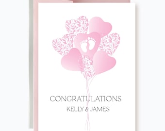 Tarjeta personalizada para baby shower de niña, tarjeta de celebración con globos rosas, felicitaciones a los futuros padres.