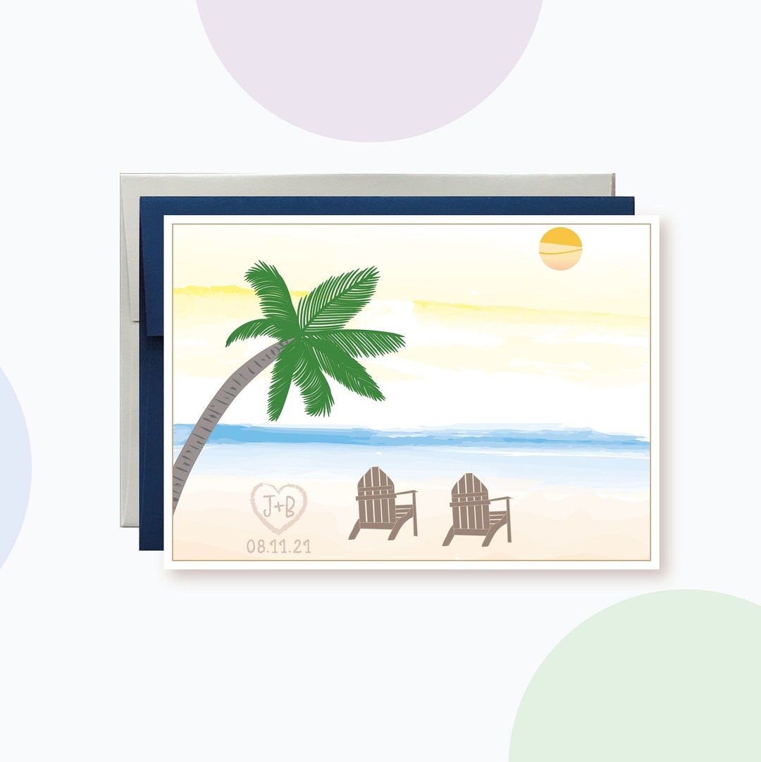 Personalized Wedding Wishes Palm Tree and Beach Card, Wedding