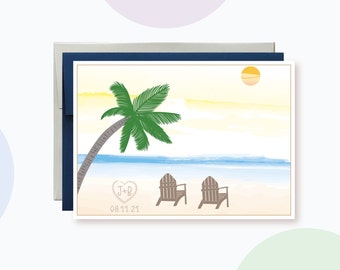 Personalized Wedding Wishes Palm Tree and Beach Card, Wedding Congratulations Card, Custom Initials and Date, Tropical Wedding Card