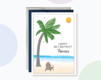 Personalized Retirement Card, Palm Tree and Beach Tropical Retirement card, Custom Happy Retirement Card