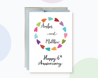 Custom Anniversary Year and Names, Colorful Heart Wreath Anniversary card for friends, Happy Anniversary card for a special couple