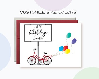 Bike with Balloons Birthday Card | Personalize Bike color and Name | Happy Birthday Wishes on Billboard | Card for Grandson | Granddaughter