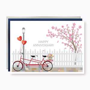 Personalized Tandem Bike Anniversary Card, Cherry Blossom Anniversary card, Summer and Spring Anniversary, Balloons with custom initials