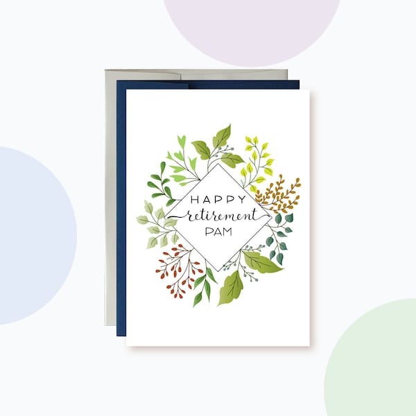 Personalized Retirement Card, Custom Name Happy Retirement Card, Nature retirement card, Greenery Wreath Retirement Card