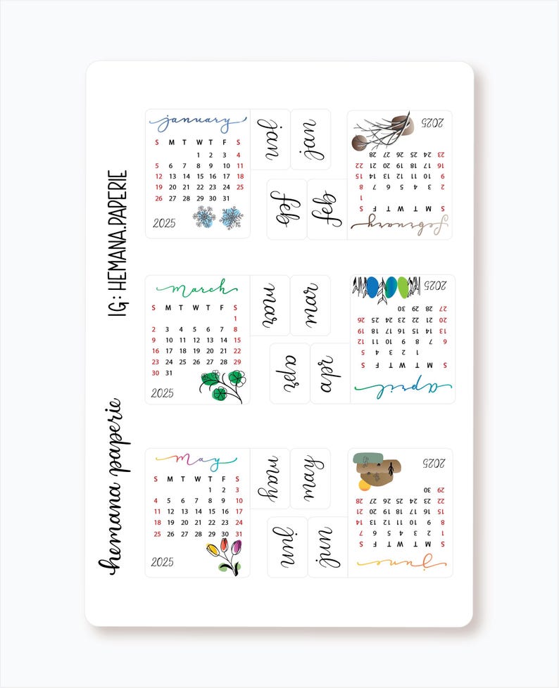 May include: A set of 12 monthly calendar stickers for 2025. Each sticker features a different month of the year with a handwritten month name and a colorful illustration. The stickers are designed for use in planners, journals, and other paper goods.