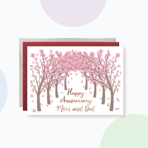 Happy Anniversary Card for Parents, Cherry Blossom Anniversary Card for Mom and Dad, Colorful Spring Flowers Card