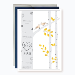 Personalized Wedding Card with Initials and Heart on tree | Custom wedding date | Outdoor Wedding | Nature | Rustic | Garden | Birch Tree