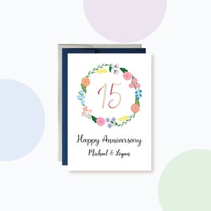 Personalize anniversary year and names, Celebrate Milestone Anniversaries, Spring Floral Wreath Anniversary Card, Wild Flowers