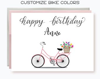 Custom Name and Bike Color, Personalized Birthday Card, Bike with Basket and flowers, Optional inside message, Outdoorsy Birthday Card