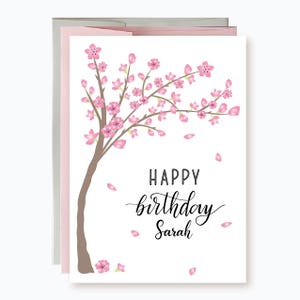 Personalized Cherry Blossom Happy Birthday card for Her, Spring and summer Birthday Card for wife, Floral Birthday Card For Mom