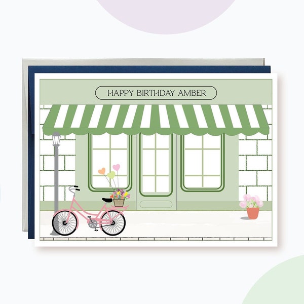 Personalized Cafe Happy Birthday Bike card with Balloons, Shop Front Birthday card, Store Front Basket with Flowers Birthday Card