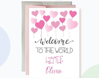 Baby Shower Card Personalized, New Baby girl card, Baby Celebrations Card, Pink Balloons Baby Girl Congrats, Welcome to the World
