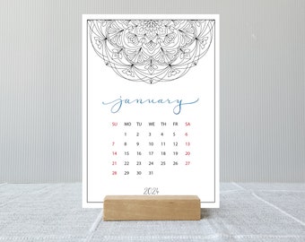 2024 2025 Mandala Coloring Desk Calendar | Choose start month | 12 month Calendar with optional stand | Grad Gift | Academic Year Calendar