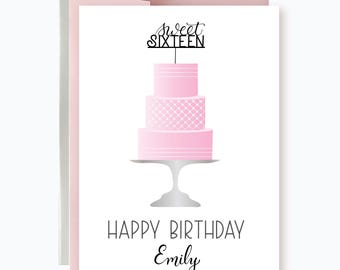 Personalized 16th Birthday Card for daughter, Sweet 16 Card for niece, Sweet Sixteen Cake Topper ard, Pink Cake Card, Sixteenth Birthday