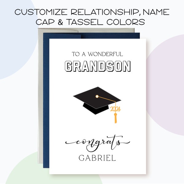 Congrats to a wonderful Grandson, Personalized 2024 Grad card for Granddaughter, Personalize Grad Cap and Tassel, Grad Card for Nephew