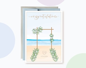 Personalized Beach Wedding Wishes Card, Vow Renewal, Coastal Summer Wedding Congratulations Card, Custom Initials and Date on the Beach