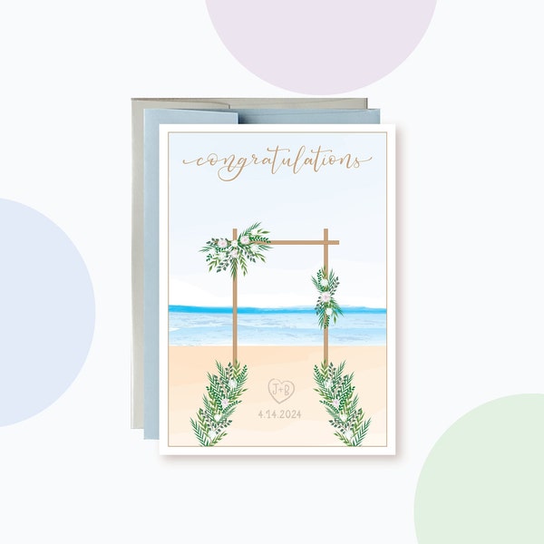 Personalized Beach Wedding Wishes Card, Vow Renewal, Coastal Summer Wedding Congratulations Card, Custom Initials and Date on the Beach