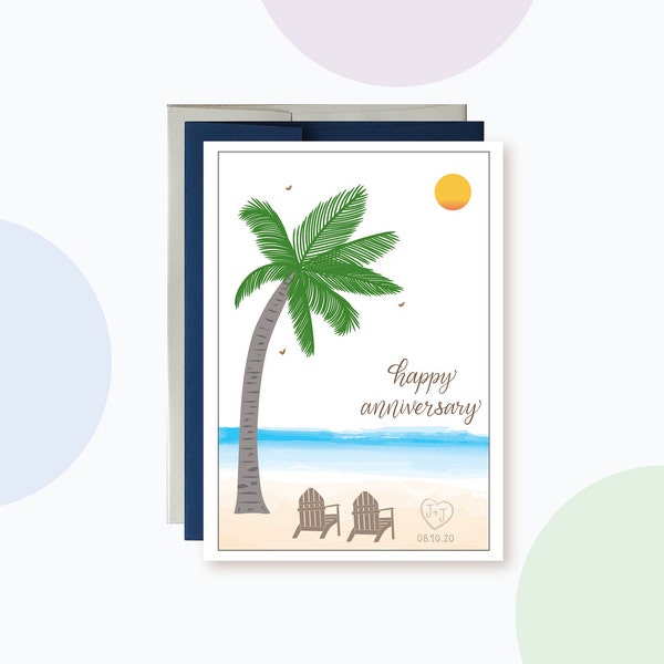 Initials and Heart on Beach Anniversary Card, Personalize Anniversary Date / Year and Names, Celebrate Milestone Anniversaries, Palm Tree