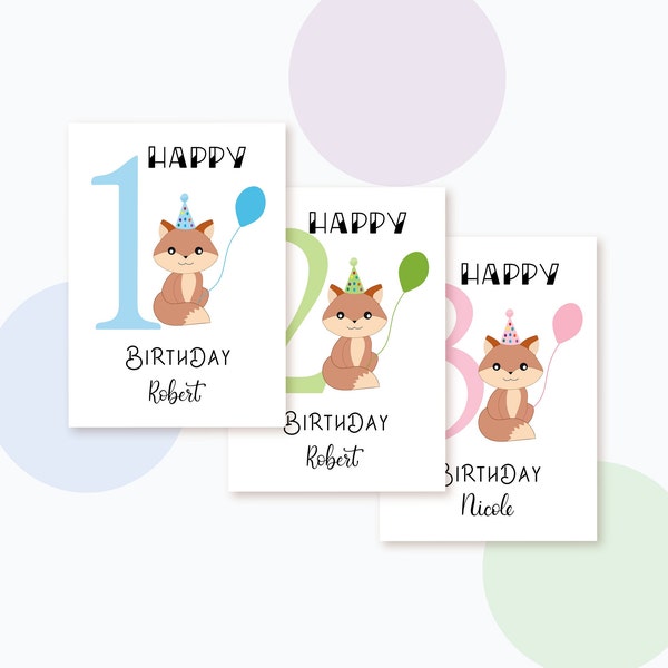 Fox Birthday Card, Personalize Age and Name, Woodland Animal Happy Birthday card for Grandson, Kids Balloon Card, First Birthday Card