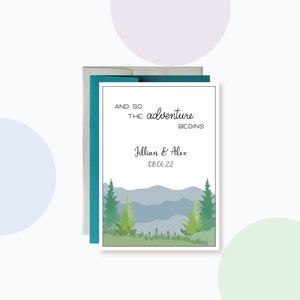 Personalized Wedding Congrats Card, And so the adventure begins, Custom names For Garden and Outdoor Wedding, Mountains and Trees Landscape