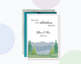 Personalized Wedding Congrats Card, And so the adventure begins, Custom names For Garden and Outdoor Wedding, Mountains and Trees Landscape