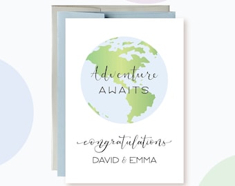 Personalized Engagement Card | Adventure Awaits World Map Card | Congratulations on Engagement Greeting Card