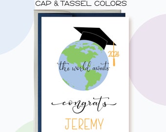 Personalized 2024 The World Awaits Grad card, Congrats 2024 Grad Card, Congrats Grad, Congratulation on Graduation, Travel Grad Card